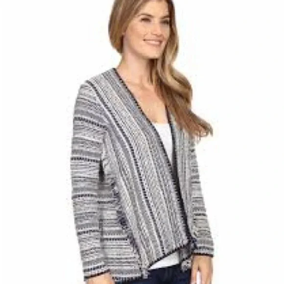 Woven Blanket Open Front Pottery Cardigan boho large cream blue cotton relaxed - Picture 2 of 10